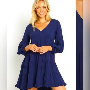 NWT Petal & Pup Long Sleeve Navy Drop Tier A-Line Rayon Flowy Babydoll Dress